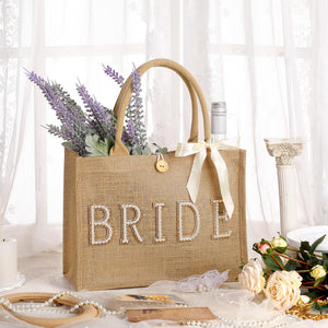 Silkfly Wedding Bride Bag Natural Jute Tote with Ribbon Bride Gift Bag with Handle for Shower(Gold Edges,Bride)