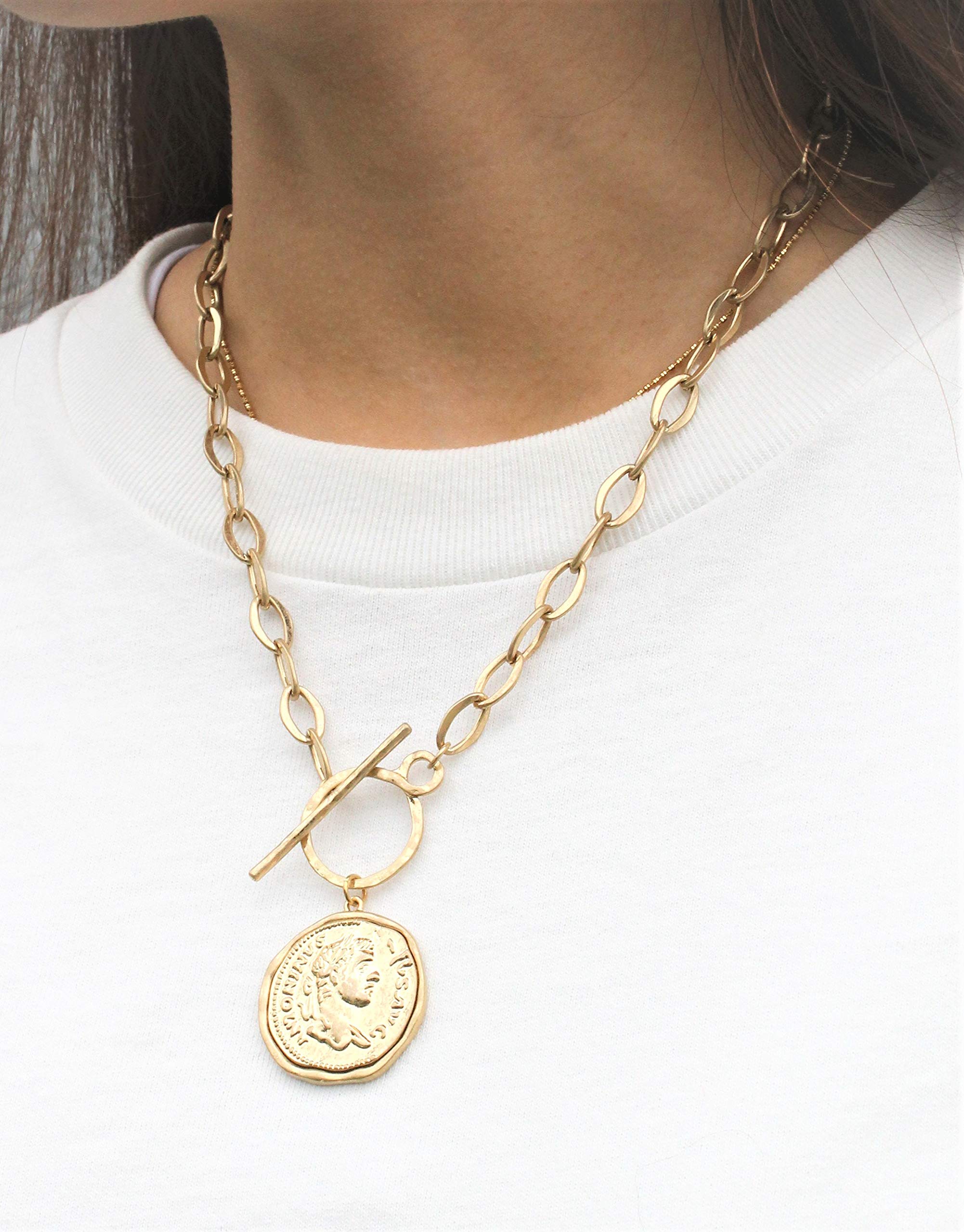 POMINA Chunky Gold Coin Necklace for Women Trendy Fashion Statement Toggle Necklace Worn Gold Tone Pendant Necklace Women Jewelry Gifts (Worn Gold)
