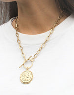 Load image into Gallery viewer, POMINA Chunky Gold Coin Necklace for Women Trendy Fashion Statement Toggle Necklace Worn Gold Tone Pendant Necklace Women Jewelry Gifts (Worn Gold)
