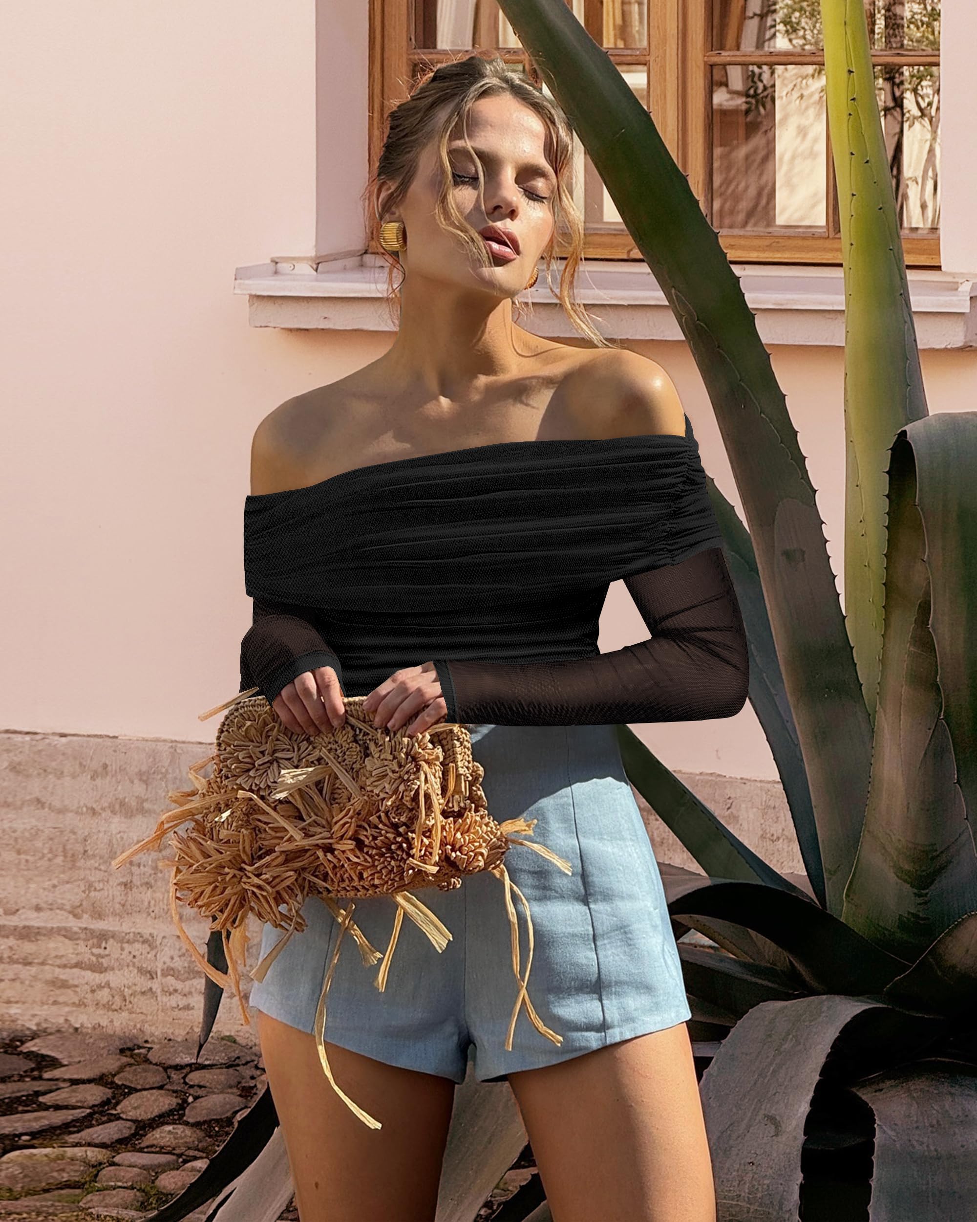 SAUNGKUAI Women's Off The Shoulder Long Sleeve Bodysuit Sexy Slimming Body Suit Tops Sheer Mesh Ruched Outfits Black M
