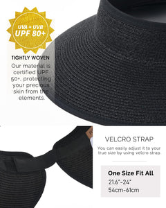 FURTALK Sun Visor Hats for Women Wide Brim Straw Ponytail Summer Beach Hat UV UPF Packable Foldable Travel Black