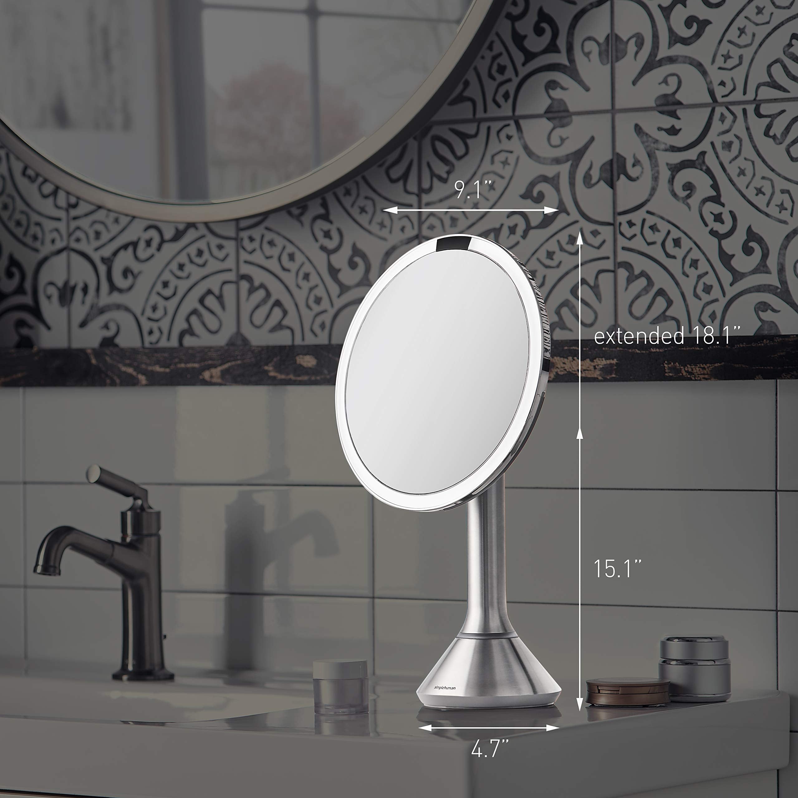 simplehuman Sensor Mirror, Lighted Makeup Mirror with Magnification (5X), 8" Round Magnifying Vanity Mirror with Lights, Cordless, White Stainless Steel