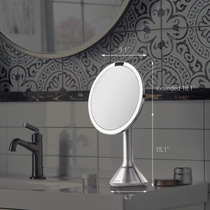 simplehuman Sensor Mirror, Lighted Makeup Mirror with Magnification (5X), 8" Round Magnifying Vanity Mirror with Lights, Cordless, White Stainless Steel
