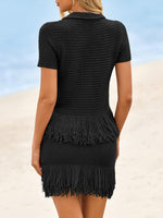 Load image into Gallery viewer, Fisoew Womens 2 Piece Crochet Outfits Short Sleeve Button Knit Sweater Tops Fringe Skirt Summer Vacation Sets Beach Cover Ups Black
