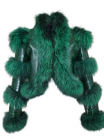 Load image into Gallery viewer, LVCOMEFF Women Sheep Leather Cropped Jacket Bolero Top Coat Motorcycle Jacket With Fox Fur Layer Long Sleeve Python Pattern (US, Alpha, X-Small, Regular, Regular, green 2)
