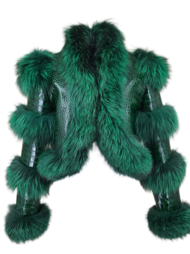 LVCOMEFF Women Sheep Leather Cropped Jacket Bolero Top Coat Motorcycle Jacket With Fox Fur Layer Long Sleeve Python Pattern (US, Alpha, X-Small, Regular, Regular, green 2)