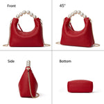 Load image into Gallery viewer, DORIS&amp;JACKY Genuine Leather Top Handle Clutch Bag for Women Small Designer Pearl Tote Purse with Crossbody Chain Strap (Cowhide-Red)
