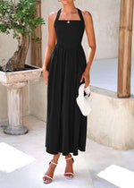 Load image into Gallery viewer, KIRUNDO Women Summer Sleeveless Halter Maxi Dress Sundress 2025 Casual Flowy Wedding Guest Cocktail Beach Vacation Dresses(Black, Medium)
