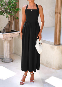 KIRUNDO Women Summer Sleeveless Halter Maxi Dress Sundress 2025 Casual Flowy Wedding Guest Cocktail Beach Vacation Dresses(Black, Medium)