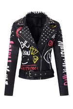 Load image into Gallery viewer, RISISSIDA Studded Leather Jacket Women Moto Motorcycle Faux Leather Coat Black 0480 M
