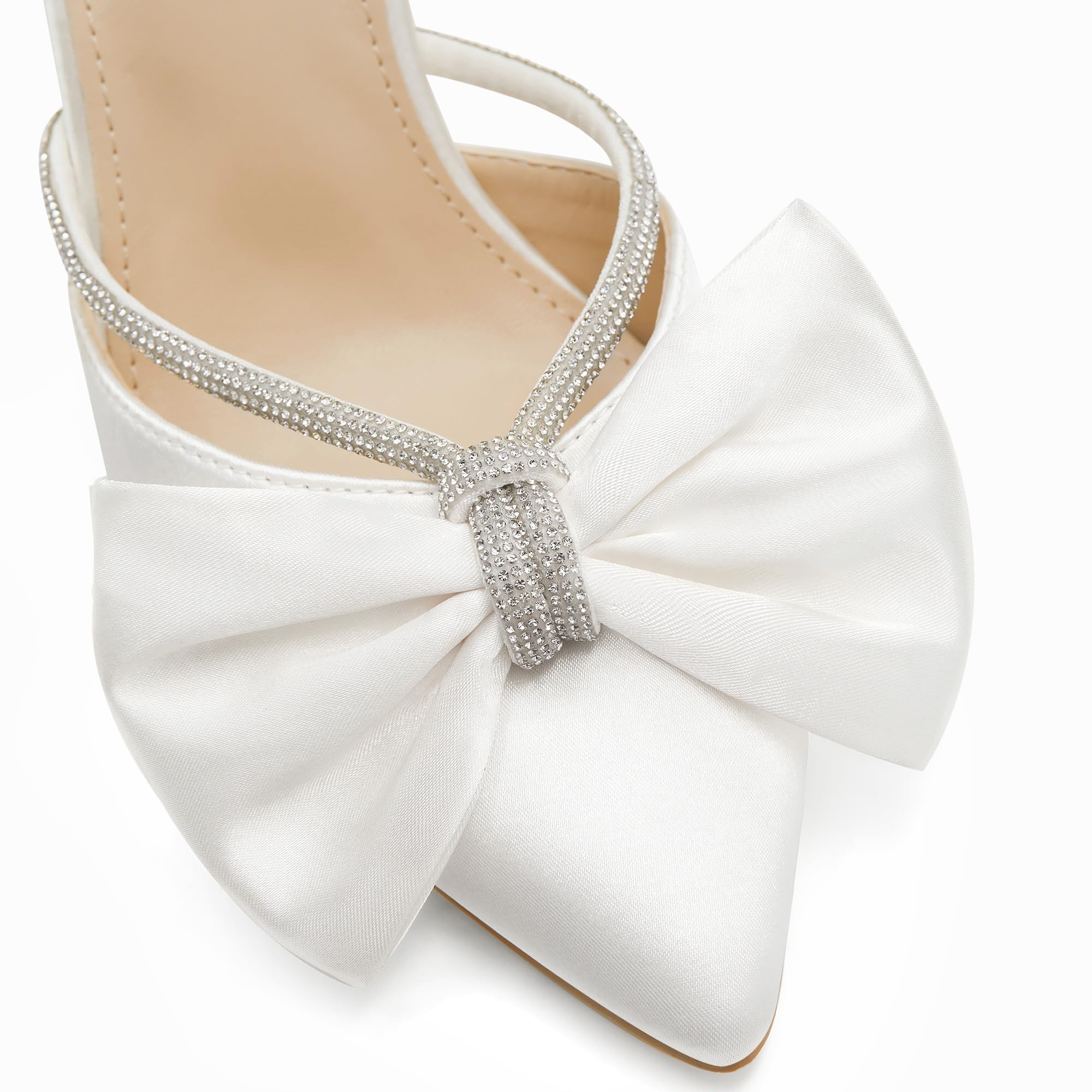 Coutgo Womens Bow Heels Mules Pointed Closed Toe Sandals Rhinestone Satin Backless Wedding Shoes, White, Size 9
