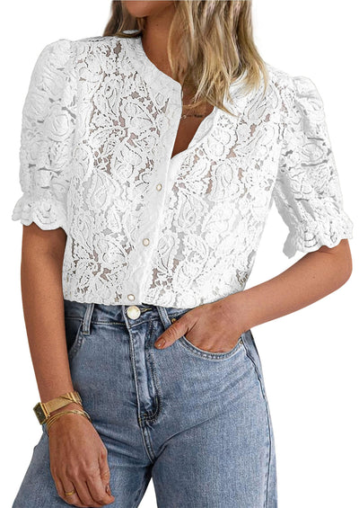 PRETTYGARDEN Womens 2025 Spring Lace Tops Short Puff Sleeve Casual Dressy Blouses Eyelet Crew Neck Button Down Shirts (White,Medium)