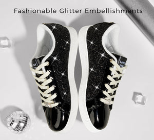LUCKY STEP Women's Fashion Star Sneaker Lace Up Low Top Comfortable Cushioned Walking Shoes(Black Glitter,8.5 B(M) US)