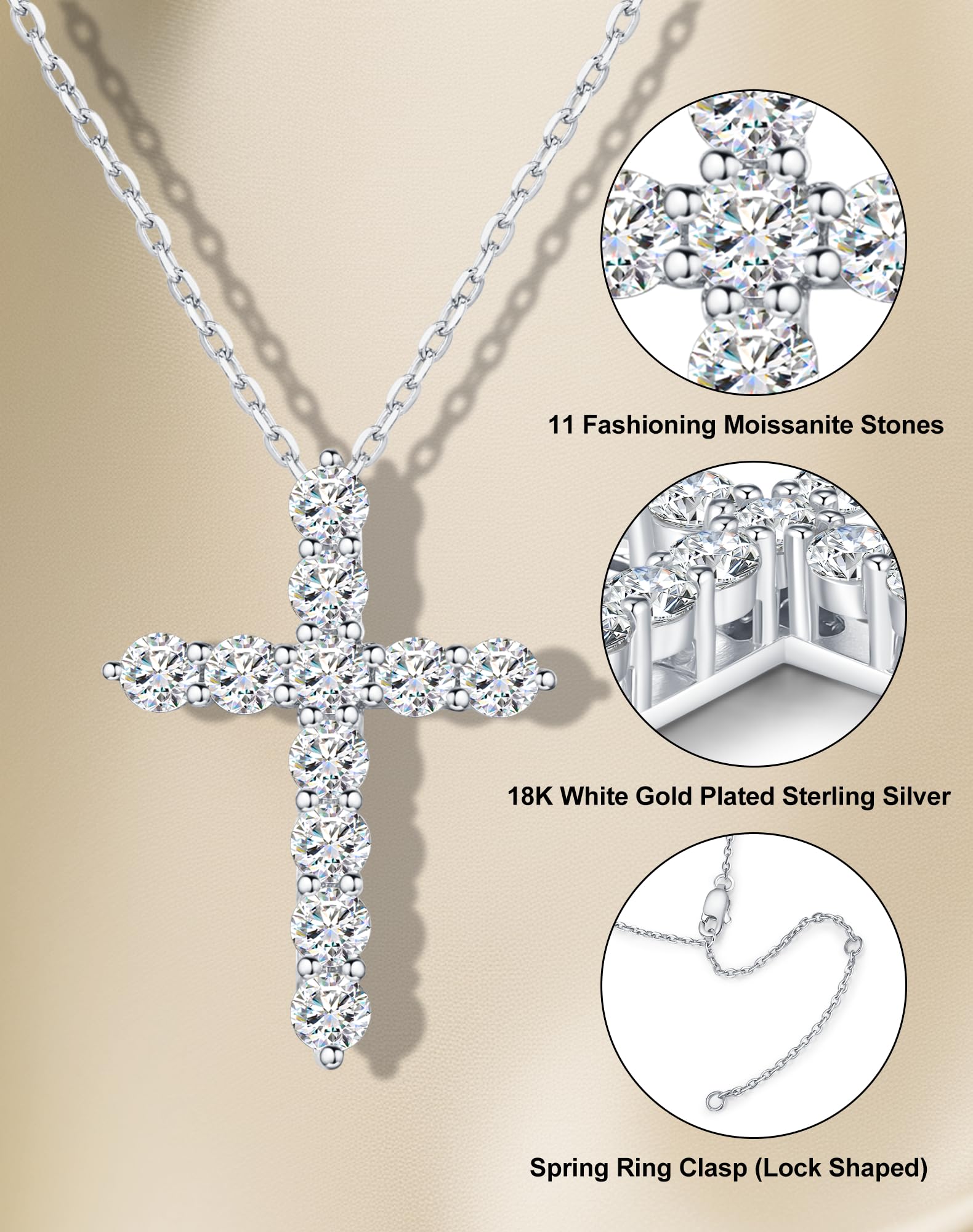 SugarTang Moissanite Cross Necklace for Women and Men, 14K/18K Gold Plated Sterling Silver Diamond Cross Necklaces (0.66cttw/0.94cttw,Silver/Gold)