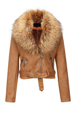 Load image into Gallery viewer, Bellivera Women's Faux Leather Suede Jacket Motocycle Sherpa-Lined Coat with Removable Fur Collar 8830 Brown M
