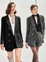 Load image into Gallery viewer, Cicy Bell Womens 2 Piece Tweed Blazer Shorts Sets Long Sleeve Double Breasted Suit Jackets Business Outfit Black

