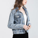 Load image into Gallery viewer, LifeShe Women's Pearls Denim Jacket Cropped Rhinestones Jean Jacket Coat
