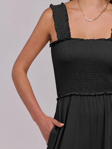 ANRABESS Womens Casual Summer Jumpsuits Smocked Sleeveless Wide Leg Long Romper Jumpers Dressy 2025 Vacation Outfits Black M