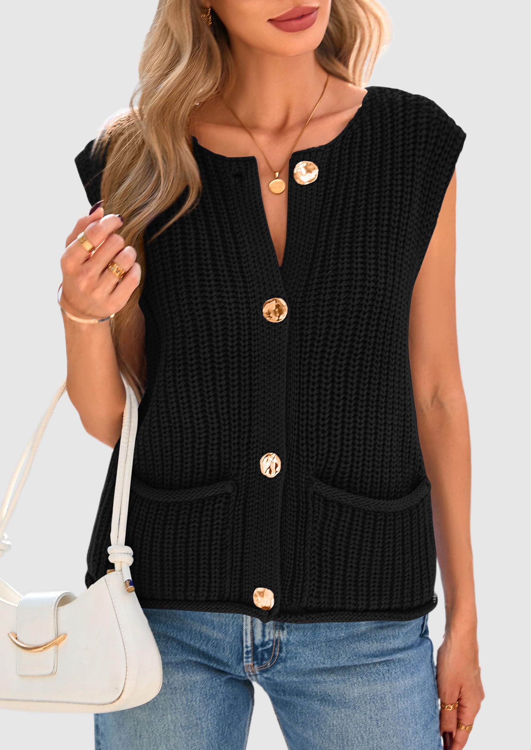 PRETTYGARDEN Women's Summer Sweaters Vest 2025 Sleeveless Button Down Cropped Pockets Chunky Knit Cardigan Trendy Tank Tops (Black,Medium)