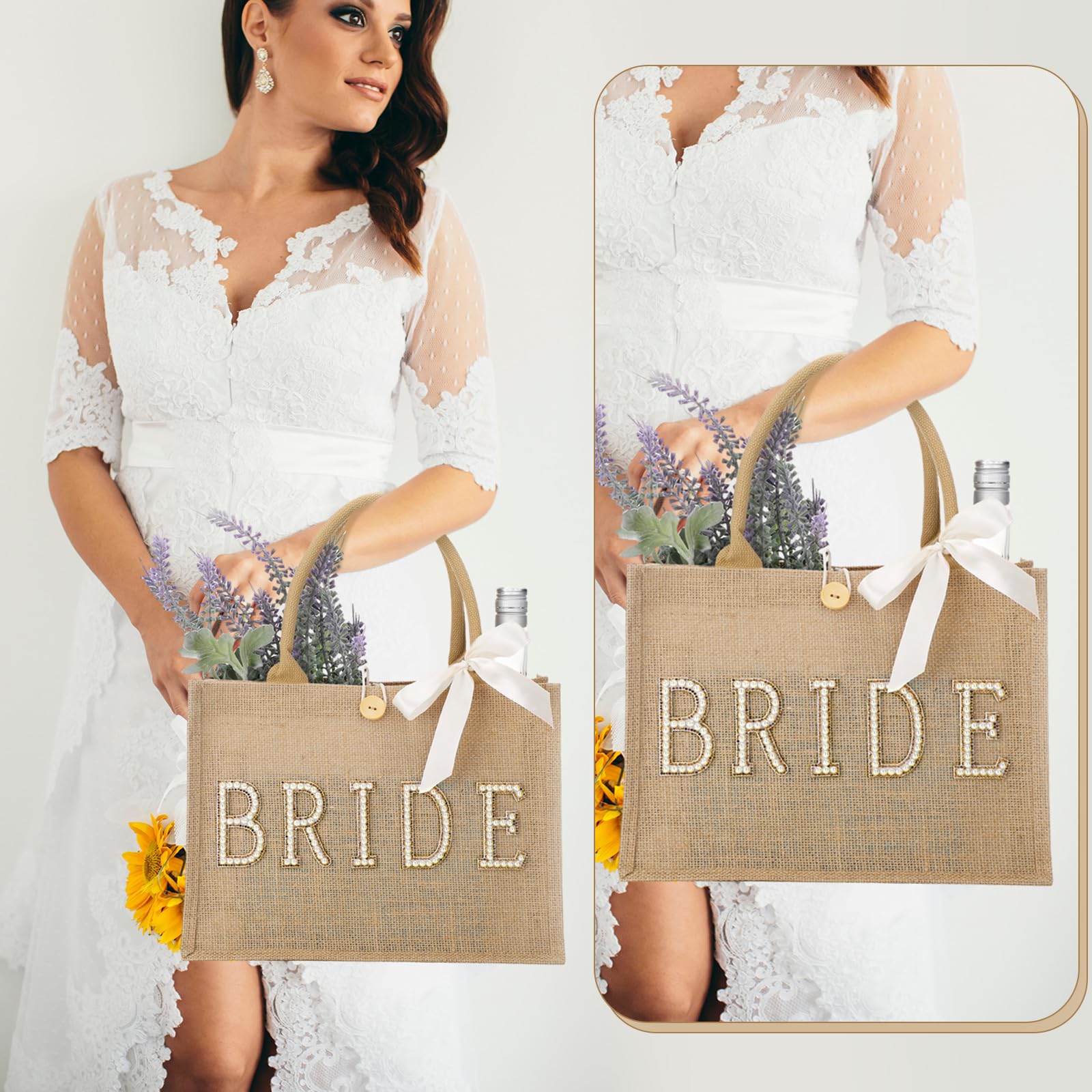 Silkfly Wedding Bride Bag Natural Jute Tote with Ribbon Bride Gift Bag with Handle for Shower(Gold Edges,Bride)
