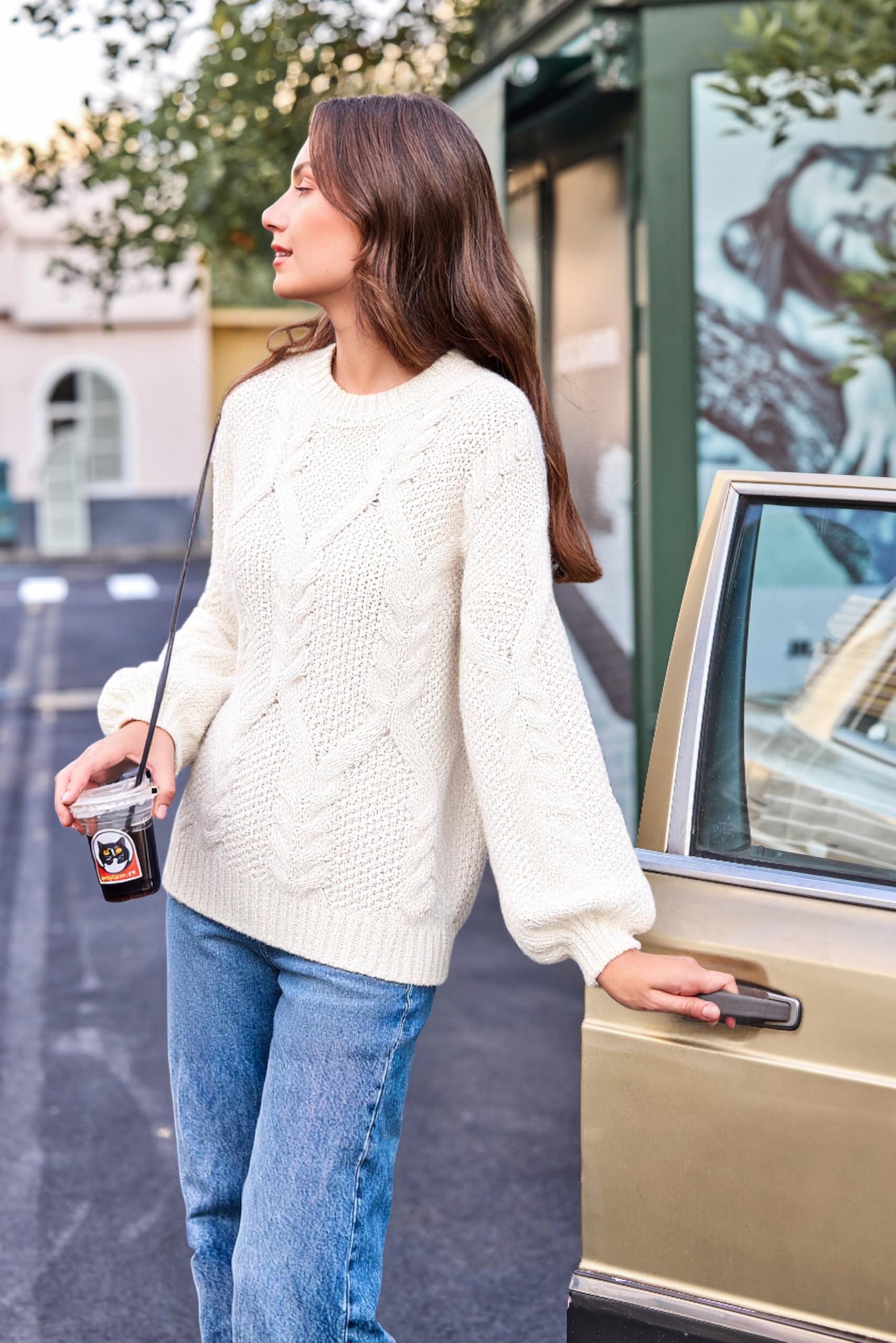 Saodimallsu Womens Cable Knit Cropped Sweater Fall Chunky Puff Long Sleeve Crewneck Loose Casual Pullover Tops White