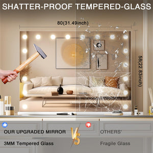 COOLJEEN Large Hollywood Vanity Mirror with Lights Bluetooth 18 Dimmable LED Bulbs, 3 Color Modes Lighted Makeup Mirror with USB Charging Port
