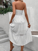 Load image into Gallery viewer, SKAYS Women's Strapless Bandeau Dress Solid Color Hollow Out Lace Patchwork A-Line Beach Dress White M
