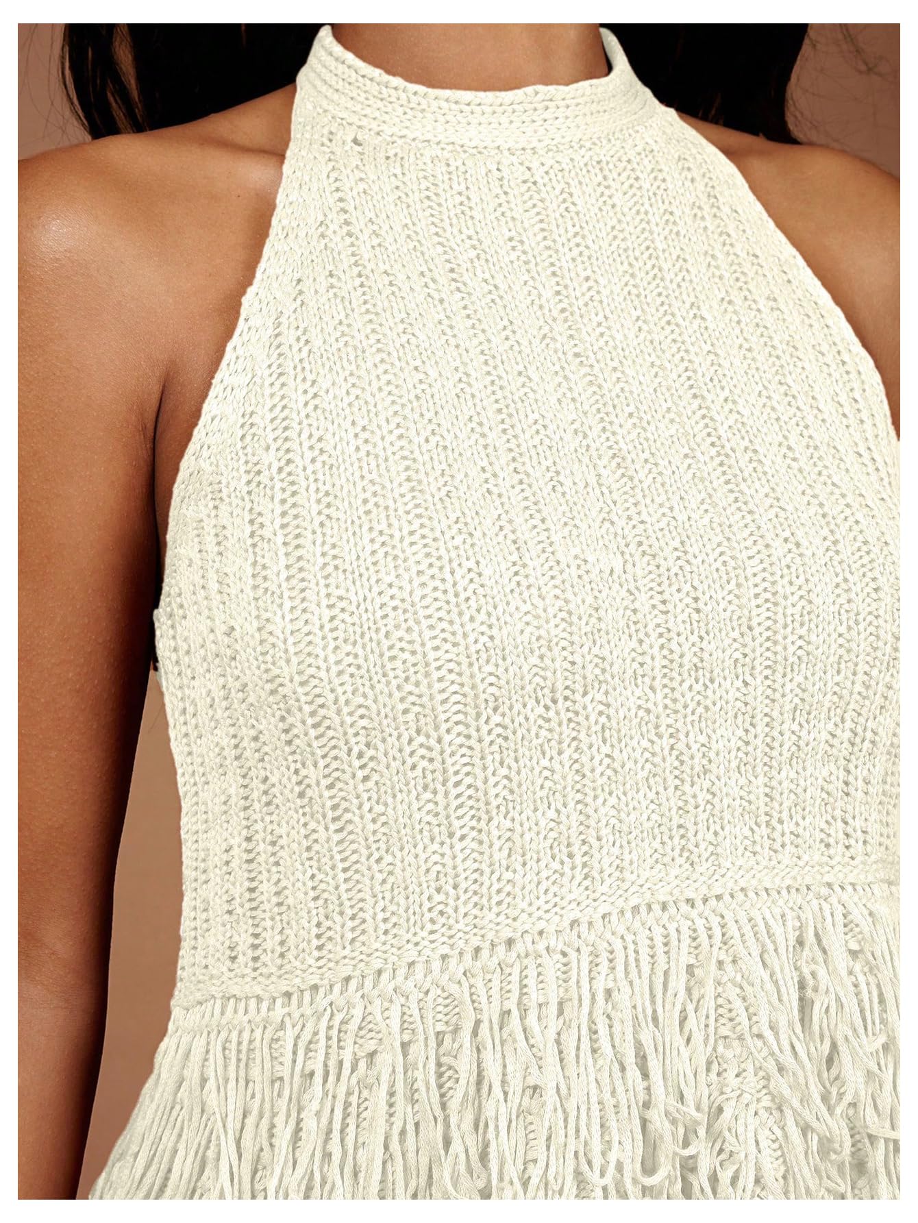 Floerns Women's Summer Fringe Trim Sweater Vest Sleeveless Knitted Going Out Halter Tops White Small