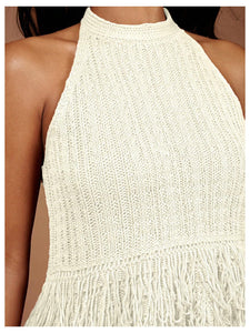 Floerns Women's Summer Fringe Trim Sweater Vest Sleeveless Knitted Going Out Halter Tops White Small
