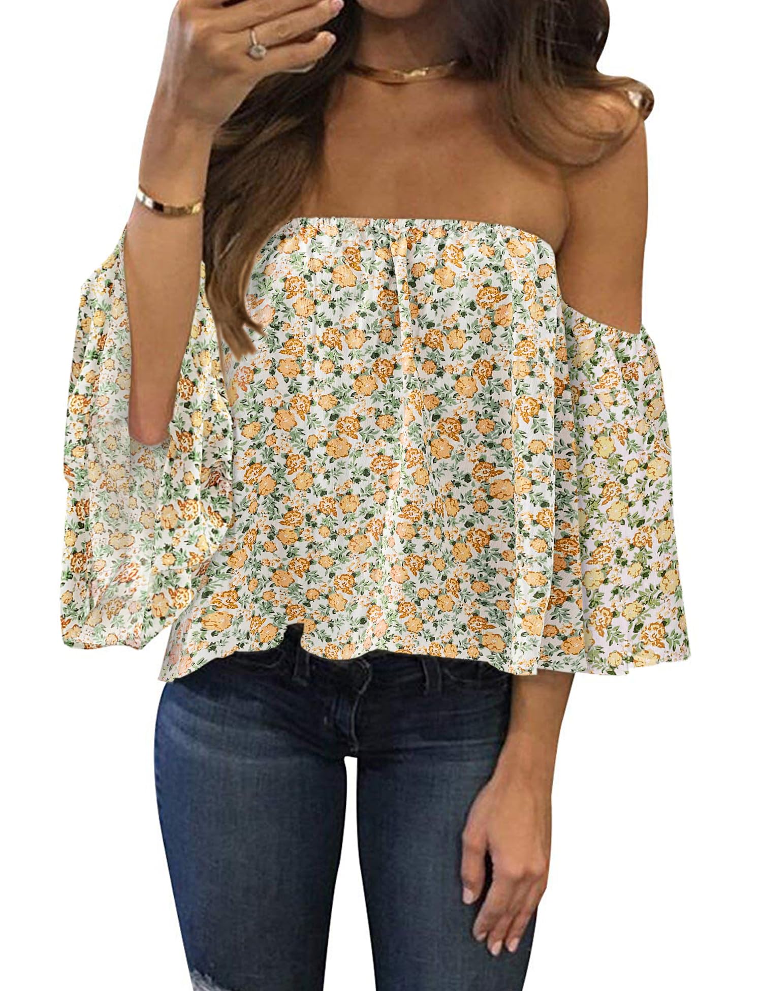 Bluetime Women Summer Off Shoulder Chiffon Blouse Ruffles Short Sleeves Tops Casual T Shirt (S, White Yellow)