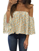Load image into Gallery viewer, Bluetime Women Summer Off Shoulder Chiffon Blouse Ruffles Short Sleeves Tops Casual T Shirt (S, White Yellow)

