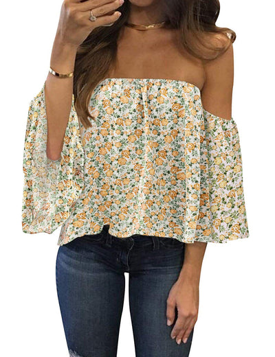 Bluetime Women Summer Off Shoulder Chiffon Blouse Ruffles Short Sleeves Tops Casual T Shirt (S, White Yellow)