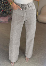 Load image into Gallery viewer, Famnbro Womens Rhinestone Jeans Baggy Y2K High Waisted Straight Wide Leg Sparkly Bling Glitter Denim Pants Light Grey
