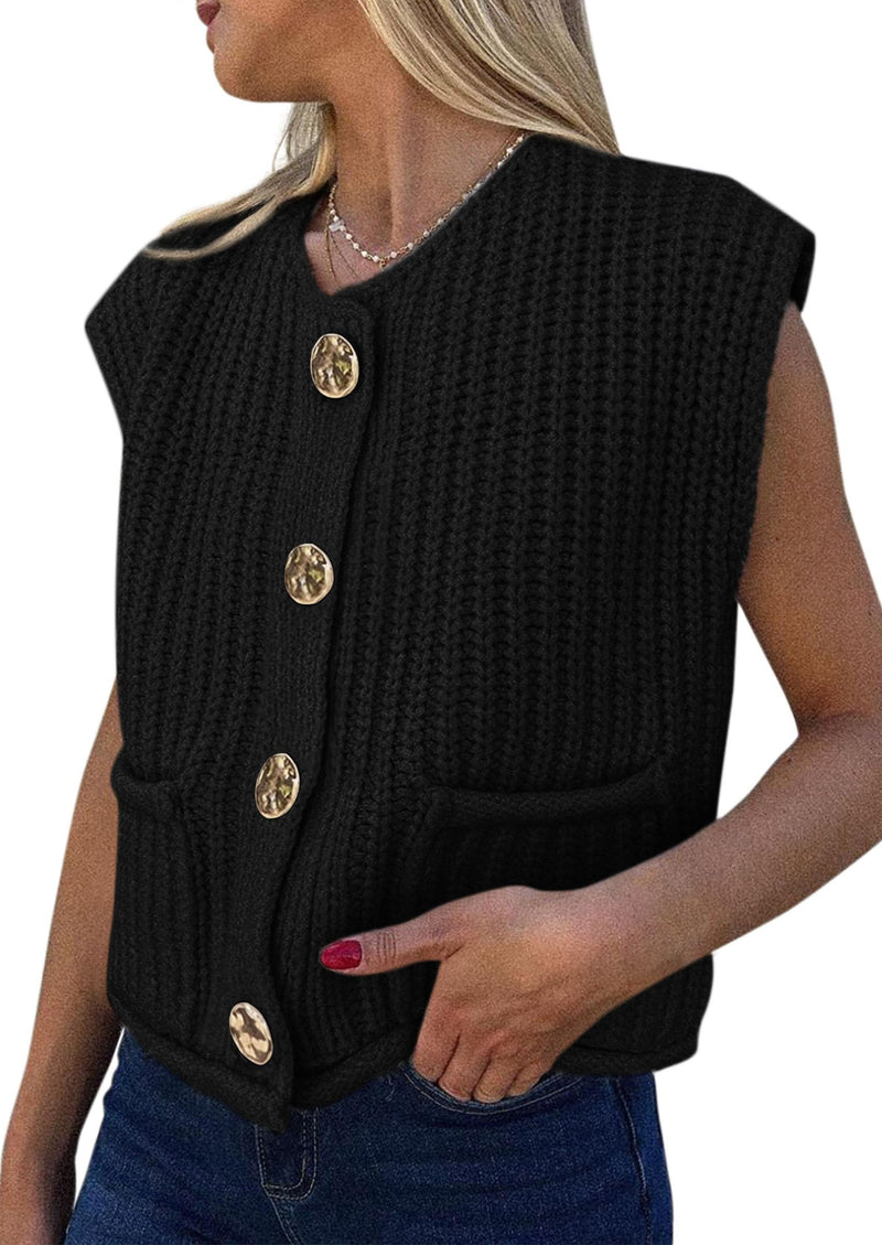 PRETTYGARDEN Women's Summer Sweaters Vest 2025 Sleeveless Button Down Cropped Pockets Chunky Knit Cardigan Trendy Tank Tops (Black,Medium)