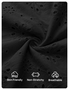 ZESICA Women's Summer Short Puff Sleeve Shirts 2025 V Neck Casual Hollow Out Lace Embroidered Blouse Tops,Black,Medium