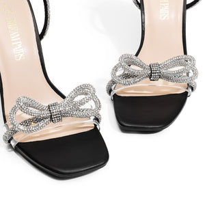 DREAM PAIRS Women's Double Bowknots Crystal Sandals Clear Slingback Heels Square Toe Shoes for Party Wedding Brielle,Size 9.5,Black,SDHS2389W