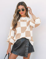 Load image into Gallery viewer, ZESICA Women's 2025 Fall Fashion Turtleneck Long Sleeve Striped Ribbed Knit Loose Pullover Sweater Tops Khaki Plaid Medium
