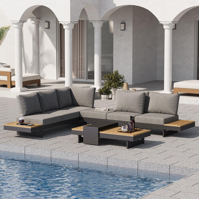 homary 6 Piece Aluminum & Teak Outdoor Sofa Set, Patio Sofa Seat L-Shaped Outdoor Sectional Sofa Set with Adjustable Backrests, Waterproof, Fade Resistant Cushions Ideal for Patios & Balconies