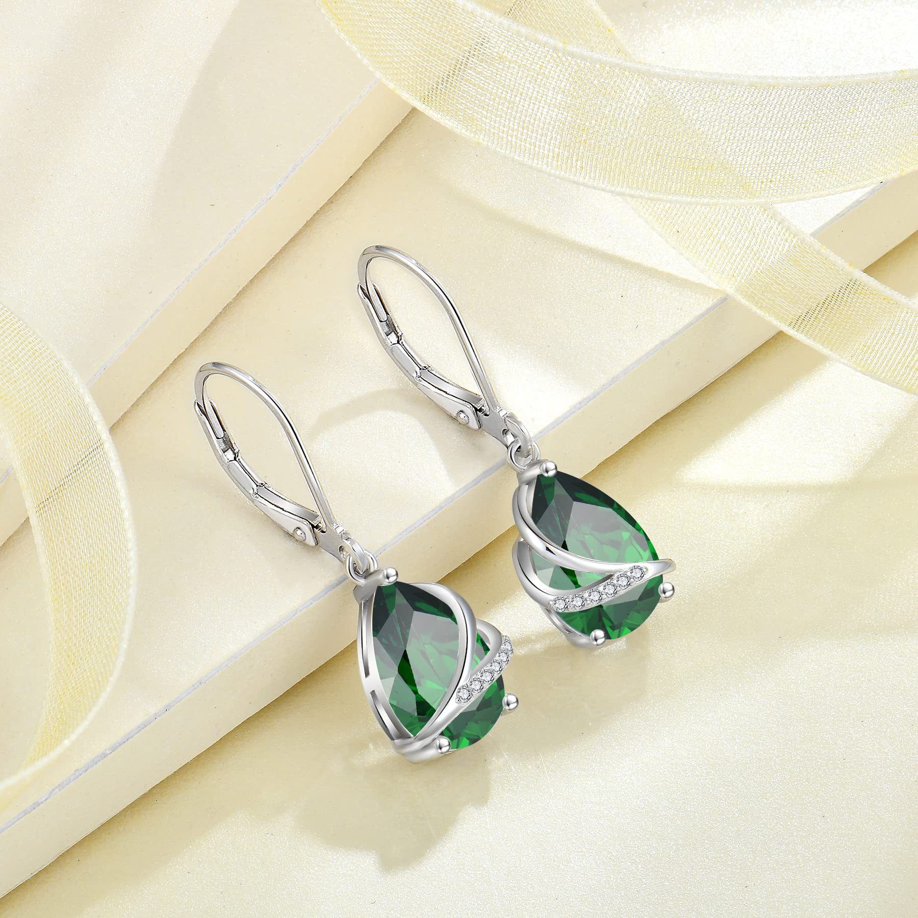Rocayi May Birthstone Dangle Drop Earrings for Women 925 Sterling Silver Emerald Earrings Teardrop Leverback Jewelry Gifts for Wife Mother Her
