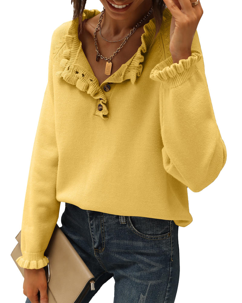 BTFBM Womens Sweaters Fall Winter Clothes 2025 Long Sleeve Button Down Ruffle Crew Neck Casual Knitted Pullover Tops(Solid Yellow, Small)