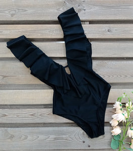 SPORLIKE Women One Piece Swimsuit V-Neck Ruffle Bathing Suit Padded Monokini(Black,Large)