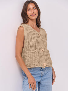 ANRABESS Women Chunky Knit Sweater Vest Button Down Casual Sleeveless Cardigan with Pockets Spring Trendy Outfits 2025 Khaki Small