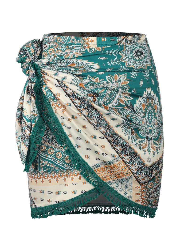 ZAFUL Slit Skirt for Women Boho Paisley Printed Wrap Skirt Tie Side Sarong Bodycon Mini Short Skirt for Beach Party(Boho-Green,M), Medium
