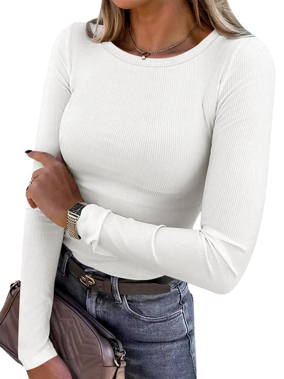 ANRABESS Women Long Sleeve Crewneck Rib Knit Slim Fit Shirts Basic Tee Tops 2025 Casual T-Shirt Going Out Workout Outfits White Medium