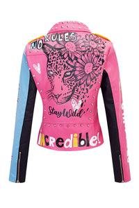 RISISSIDA Studded Leather Jacket Women Moto Motorcycle Faux Leather Coat Black-pink 0375 M