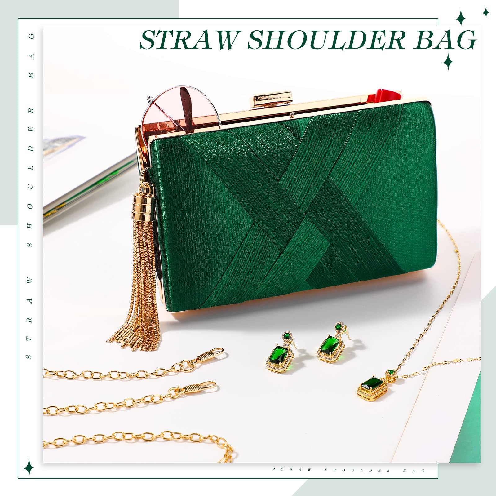 Jadive 3 Pcs Clutch Purses for Women Handbag Evening Purses Bag for Wedding Vintage Banquet Handbag Earrings Necklace Set(Emerald Green)