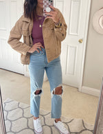Load image into Gallery viewer, Omoone Women&#39;s Long Sleeve Rivet Studded Denim Jacket Casual Washed Pearl Short Jean Coat(2140-KhakiX1-L)
