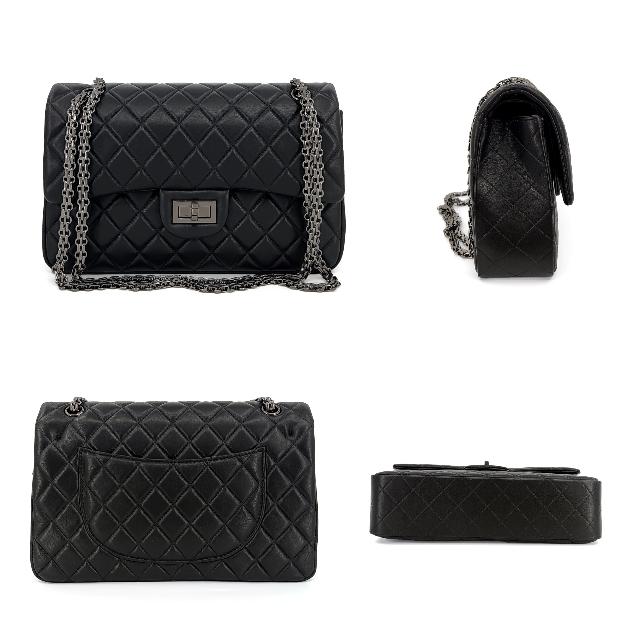 M-ioi-M Quilted Genuine Leather Crossbody Bags for Women, Soft Lambskin Adjustable Double Chain Strap Shoulder Bag, Medium Luxury Classic Designer Flap Purse, Trendy Lady Evening Handbag(Black,Medium)