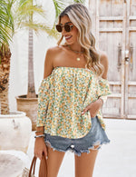 Load image into Gallery viewer, Bluetime Women Summer Off Shoulder Chiffon Blouse Ruffles Short Sleeves Tops Casual T Shirt (S, White Yellow)
