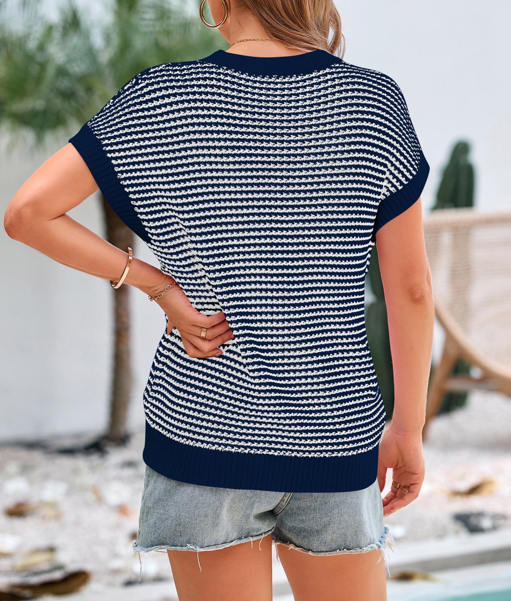 PRETTYGARDEN Womens Short Sleeve Sweater Spring Summer 2025 Round Neck Striped Pullover Cap Sleeve Knit Sweater Vest Tops(Navy,Medium)
